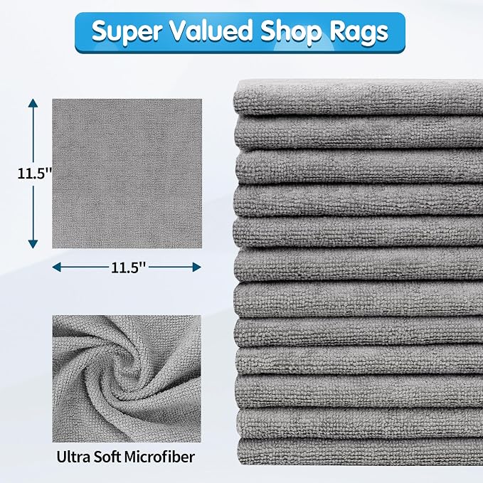 Shop Towels, Pack of 150, Grey Microfiber Cleaning Cloth Bulk, Microfiber Towels for Cars, All-Purpose Absorbent Cleaning Rags, Dust Cloth for Automotive, Mechanic, Garage, 11.5 x 11.5 inch