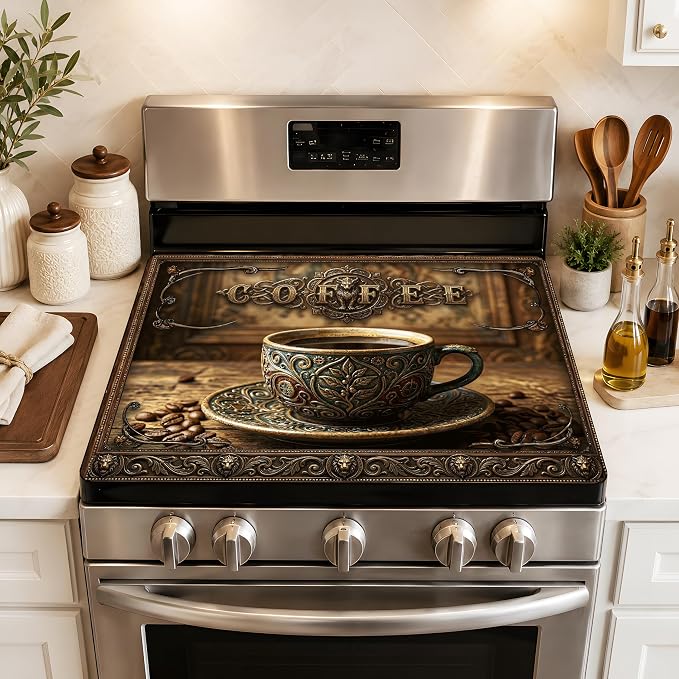Vintage Coffee Stove Cover 28.3 x 20.5 Inches, Coffee Stove Top Protector, Heat Resistant Non Slip Glass Electric Stove Cover Board, Rustic Coffee Bar Kitchen Decor Mat (Classic coffee)