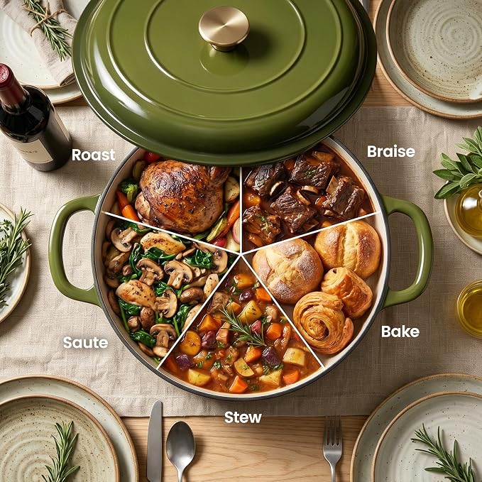 Vintage Style 3 Quart Enameled Cast Iron Braiser, Non Stick Enameled Cast Iron Skillet with Lid, Dutch Oven Skillet with lid up to 500°F for Oven, Stove, Grill, Shallow Dutch Oven for Cook, Bake (Golden Green)