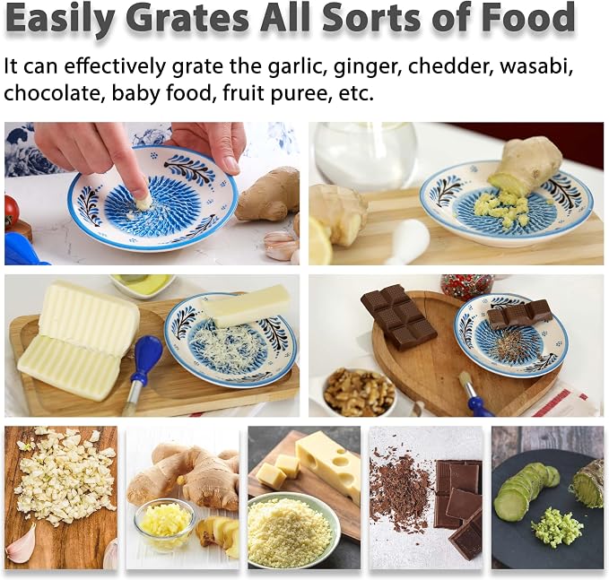 Ceramic Garlic Grater Plate - Handmade 4 Pcs Press - Natural Grinder - Decorative Mincer - Ginger, Cheese Grater - Hand Dish for Garlic (Blue)