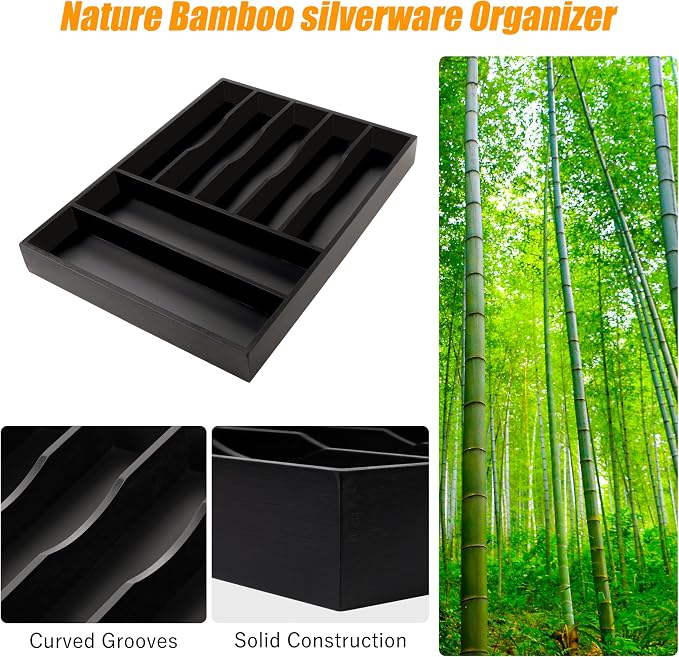 Bamboo Silverware Drawer Organizer, Utensil Kitchen Drawer Organizer, Utensil Holder Cutlery Tray with Grooved Drawer Dividers for Kitchen Utensils and Flatware Bedroom Office (7 Slot, Black)