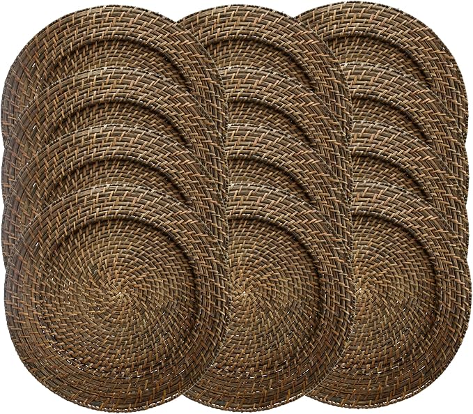 Rattan Plate Chargers, Round Woven, Harvest, Set of 12 | Handwoven Natural Rattan With Warm Finish, 13x13in Round Fit For Dinner Plates, Durable Charger Set For Weddings & Banquets