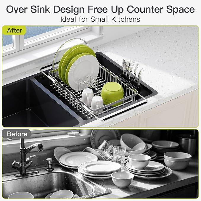 JASIWAY Expandable Dish Drying Rack Over the Sink with Utensil Holder | Stainless Steel Adjustable Dish Driainers for Small Kitchen, Counter Space Saving, Fast Drain, Rustproof, For Apartment, RV