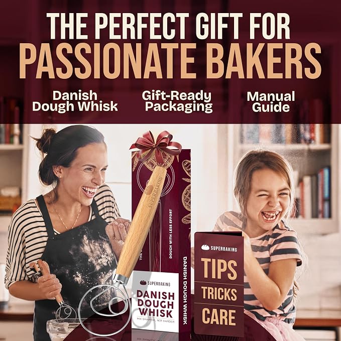 Superbaking 12" Danish Dough Whisk for Bread Mixing | Single Eye Design, Sourdough Bread Baking, Ergonomic Wooden Handle, Bread Making Tools