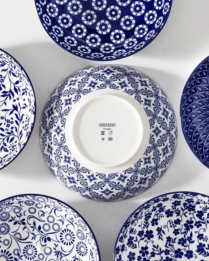 vancasso SELENE 50 oz Large Pasta Bowls Set of 6, Porcelain Serving Bowls, 9.5 Inch Wide Shallow Salad & Soup Bowls, Kitchen Pasta Plates, Microwave and Dishwasher Safe, Blue White Floral Design