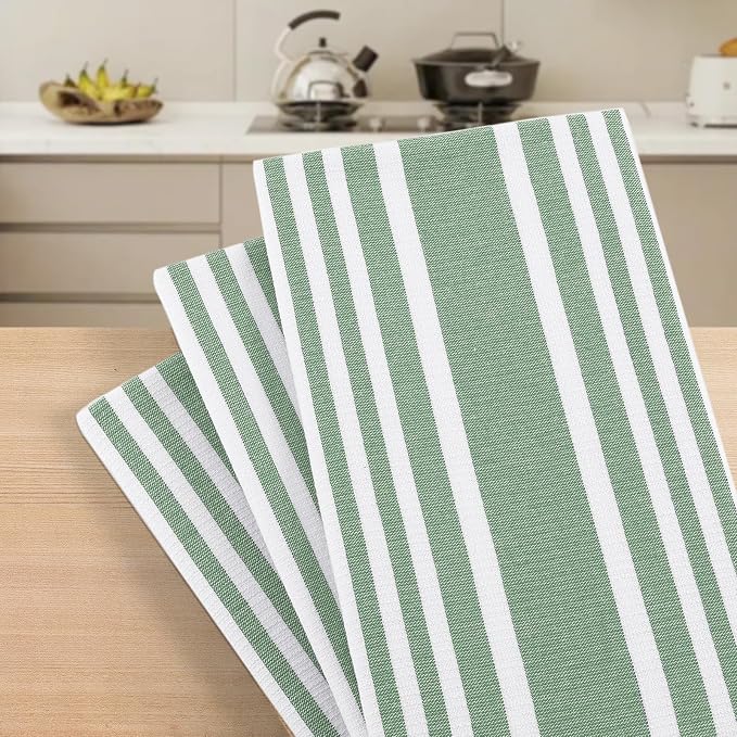Homaxy Premium Cotton Stripe Kitchen Towels 8 Pack, 18"x 28", Grass Green | Large 380 GSM Kitchen Hand Towels, Soft Terry Dish Towels, Highly Absorbent Tea Towel Set with Hanging Loop