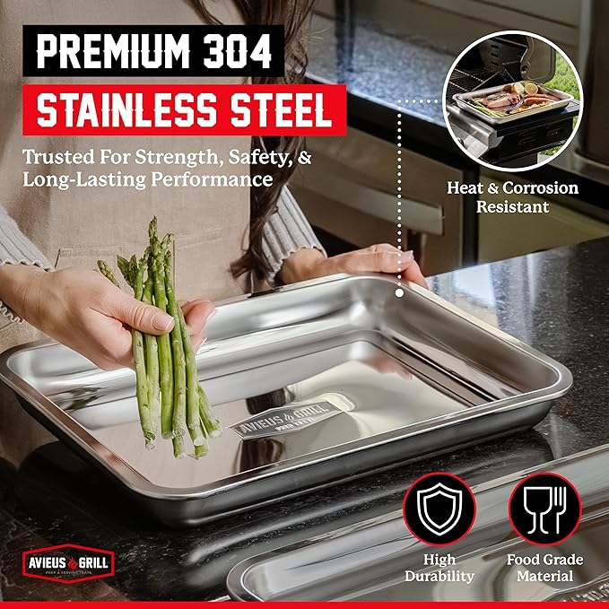 AVIEUS Grill Prep and Serving Trays | Set of 2 Stackable Stainless Steel Trays | Trays for Marinating, Serving & Chopping | Serving Platter for Plating Food & BBQ Prep Tub | Grilling Accessories
