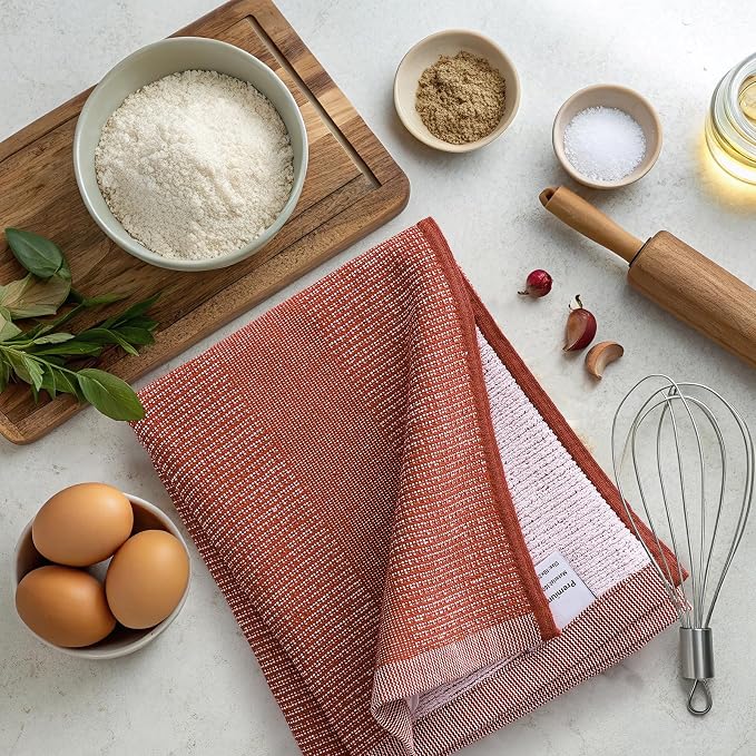 Mordimy Premium Large Cotton Kitchen Towels (18"x 28", 6 Pack), Rust | 100% Ring Spun Cotton, Super Absorbent, 380 GSM, Flat & Terry, Soft, Hanging Loop Dish Towels