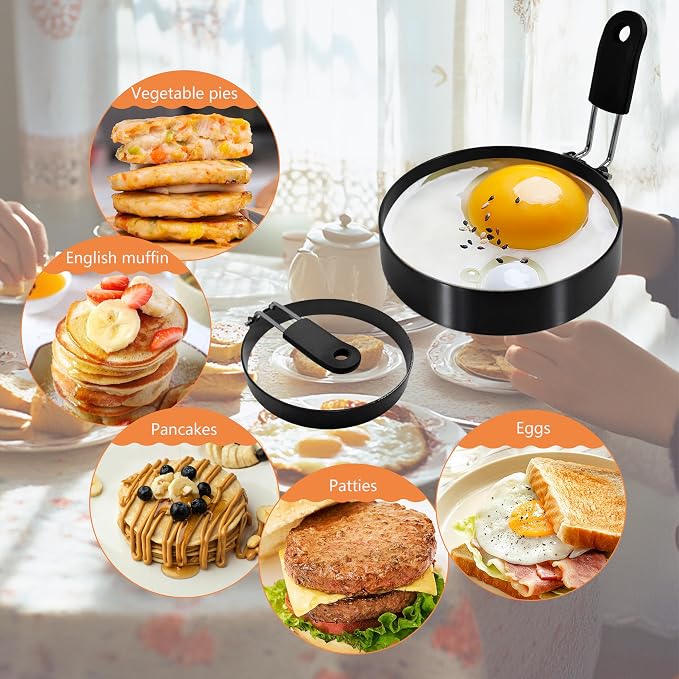 2-Pack 3.5'' + 6'' Egg Rings Set with Silicone Handle, Stainless Steel Egg Cooking Rings，Nonstick，For Frying Eggs and English Muffins Pancake, Egg Mold Shaper For Breakfast