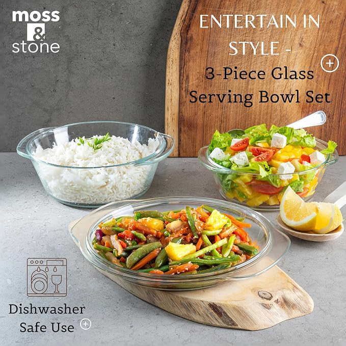 Moss & Stone Clear Glass Casserole Dish Set with Lids, Glass Baking Dishes | 6-Piece Tempered Borosilicate Glass Bakeware Set, 3 Round Baking Dishes for Oven, Microwave, Serving & Food Storage