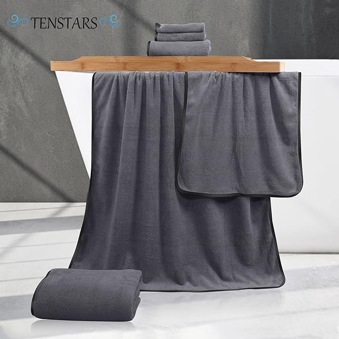 TENSTARS Luxury Silk Hemming Towel Set - Light Thin Quick Drying - 2 Bath Towels 2 Hand Towels 2 Washcloths - Ultra Soft Microfiber, for Bath Fitness, Sports, Yoga, Travel (Dark Grey 6 Pieces)