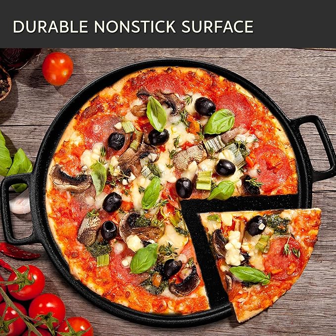 Home-Complete Cast Iron Pizza Pan, Even-Heating Cast Iron Cookware, 14” | Round Pizza Pan for Oven, Stovetop, Grill, or Campfires, Nonstick Griddle with Dual Handles