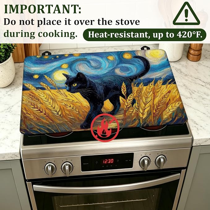 Black Cat Stove Top Cover for Electric Stove 28.5"x 20.5",Starry Night Heat Resistant Glass Top Stove Cover Protector,Glass Cooktop Covers,Kitchen Flat Electric Stove Top Covers