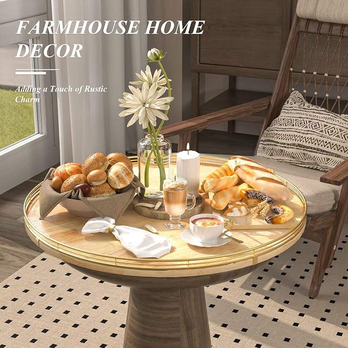 AMH 24-Inch Extra Large Lazy Susan with Solid Oak Base and Black Iron Rail | Smooth rotating oak tray with walnut finish for dining tables, kitchen counters, pantries and cabinet storage.