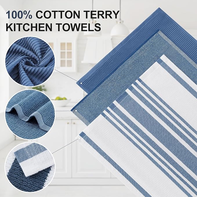 Homaxy Cotton 380 GSM Premium Kitchen Towels, 18"x 28", 9 Pack, Navy Blue | Soft and Absorbent Terry Dish Towels, Multipurpose Tea Towel Set with Hanging Loop, 3 Styles Kitchen Hand Towels
