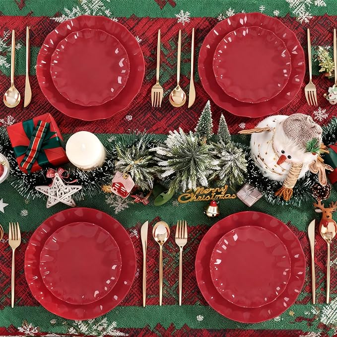 LIYH 50 Pcs Red Plastic Plates Reusable Christmas Plastic Plates Unbreakable Holiday Dinnerware Set Scalloped Plate for Christmas Day,Dishwasher Safe BPA Free (25Guests)