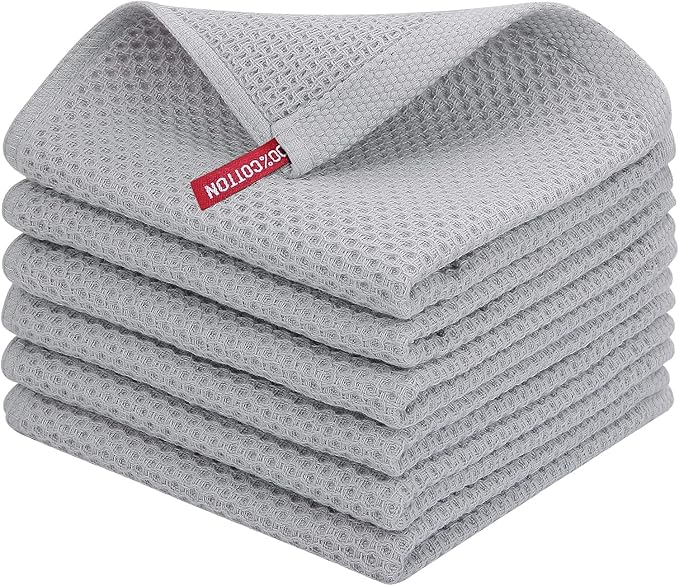 Homaxy 100% Cotton Waffle Weave Kitchen Dish Cloths 6-Pack, Light Gray | 12 x 12 Inches, Ultra Soft Absorbent Dish Towels, Quick Drying Dish Rags with Hanging Loop
