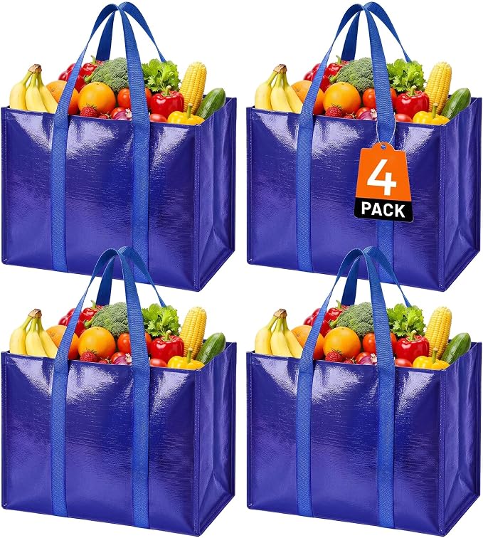 Reusable Grocery Bags, Waterproof & Foldable Shopping Bags Stand Upright | Heavy Duty Shopping Tote Bags, Waterproof & Foldable with Long Handles for Bulk Shopping, Versatile Storage 4 Pack-33L