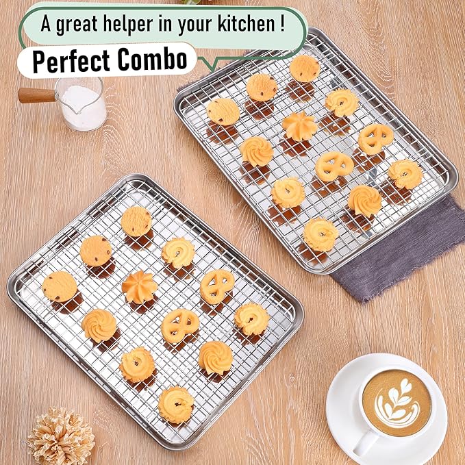 Homikit Cookie Sheet with Rack (2 Small Baking Sheets+2 Racks), 10 x 8 Inch | Stainless Steel Baking Sheet with Wire Rack Set for Baking Roasting Cooling, Toaster Oven Pan Bacon Tray with Cooling Rack