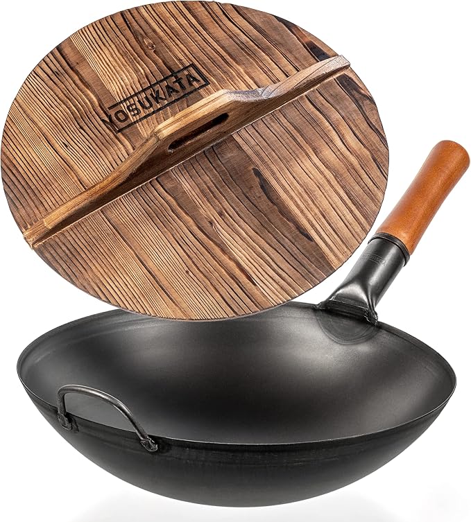 YOSUKATA Carbon Steel Wok Pan 14 in + Premium Wok Cover 14 inch Pan Lid - Wooden Lid 14 in with Ergonomic Handle