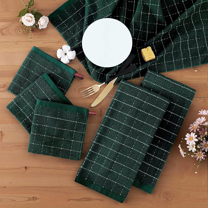 Homaxy Kitchen Towels and Dishcloths Set, Set of 10, Blackish Green | Bulk Cotton Terry Kitchen Towels, Checkered Designed, Soft and Super Absorbent Dish Towels, 12 x 12 and 13 x 28 Inches