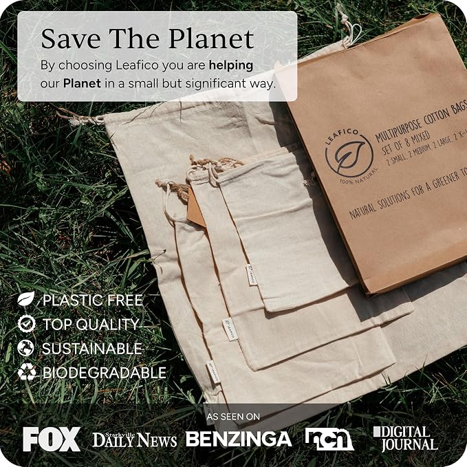 Cotton Storage Bags – X-Large 14x17 Inch (6-Pack) – Reusable Muslin Bags with Drawstrings – Biodegradable Canvas Fabric Sacks – Perfect for Bread, Bulk Produce, Potatoes, Onions, Shoes