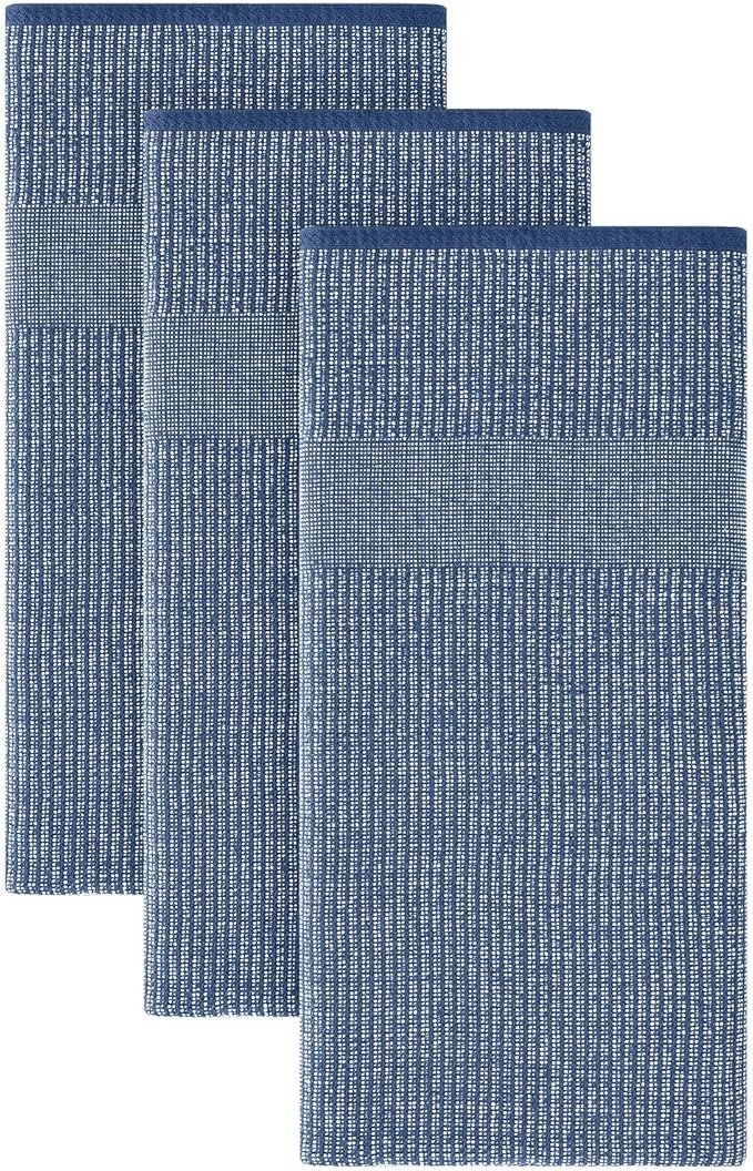 Homaxy 380 GSM Cotton Premium Kitchen Towels 3 Pack, 18"x 28", Navy Blue | Flat and Terry Dish Towels, Highly Absorbent Tea Towel Set with Hanging Loop, Soft Utility Kitchen Hand Towels