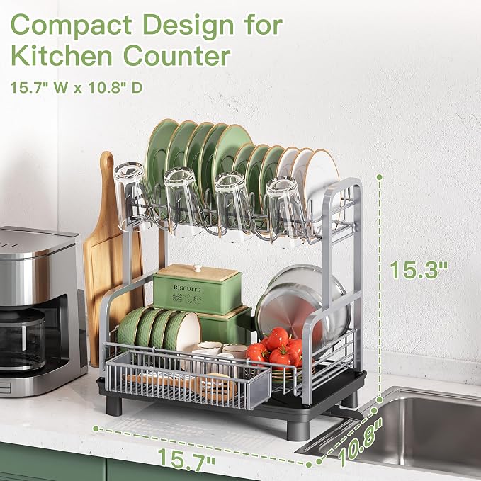 2 Tier Dish Drying Rack and Drainboard Set for Kitchen Counter | Dish Drainer with Drainboard, Cups Holder for Small Kitchen, Space Saving, Rustproof, Auto Drain, Fits for 1-2 People