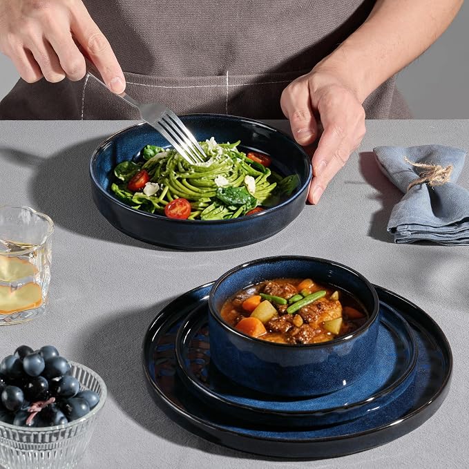 E-far Stoneware Dinnerware Set, 16-Piece Plates and Bowls Sets for 4 | Modern Dishes for Kitchen Dining, Reactive Glazing Ripple Design, Chip Resistant, Microwave & Dishwasher Safe, Starry Blue