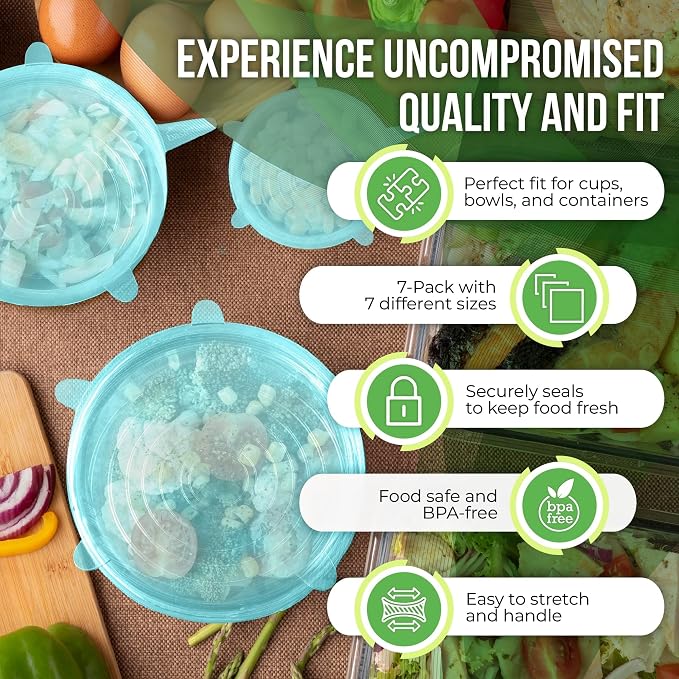 Reusable Silicone Stretch Lids for Food Storage in Fridge - Elastic Heat-Resistant Bowl Covers, Cups, Cans, Jars - Universal Food Grade Lid for Containers - 7 Pack - Light Green Stretchy Lid Set