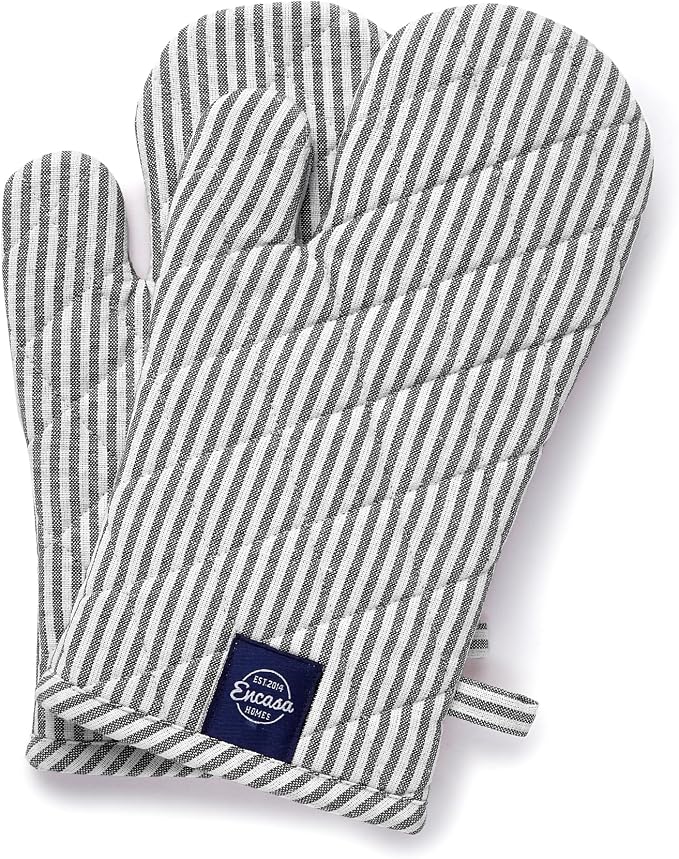 Encasa XO Oven Mitts, Heat Resistant Kitchen Gloves, Microwave | Ticking Black, 100% Cotton | Diamond Quilted Insulation | Pot Holders | Hanging Loop | Barbecue & Grill | Set of 2