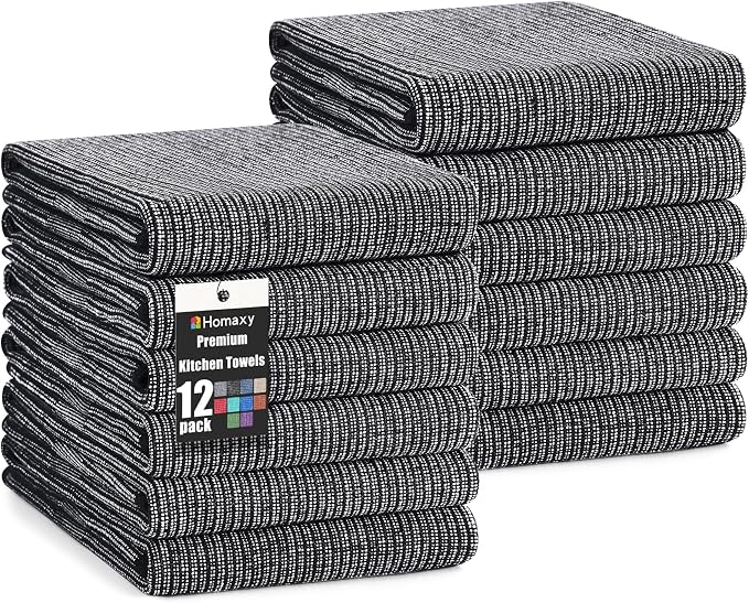 Homaxy 380 GSM Cotton Premium Kitchen Towels 12 Pack, 18"x 28", Black | Flat and Terry Dish Towels, Highly Absorbent Tea Towel Set with Hanging Loop, Soft Utility Kitchen Hand Towels