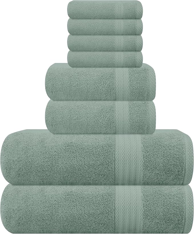 GLAMBURG Ultra Soft 8-Piece Towel Set - 100% Pure Ringspun Cotton, Contains 2 Oversized Bath Towels 27x54, 2 Hand Towels 16x28, 4 Wash Cloths 13x13 - Ideal for Everyday use, Hotel & Spa - Jade