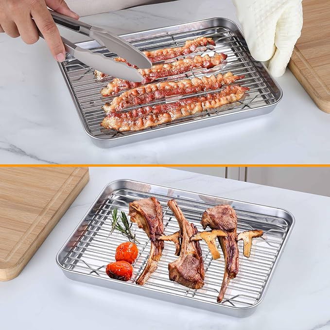 Homikit Small Baking Sheet with Wire Rack for Toaster Oven (1 Pan+1 Rack) | 10.4x8 Inch Stainless Steel Baking Pan with Rack Set, Metal Cookie Sheets Rust Free, Nonstick Bacon Tray Dishwasher Safe