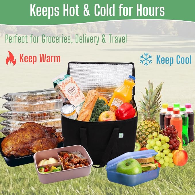 VENO 3 Pack Insulated Cooler Reusable Grocery Shopping Bag Food Delivery | Large Collapsible Cooler, Reusable Shopping Tote w/ Zippers, Foldable, Stands Upright, for Groceries Camping (Black, 3 Pack)