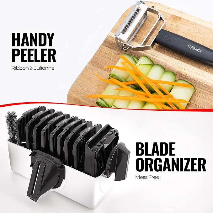 Fullstar Pro Mandoline Vegetable Slicer, Grater & Spiralizer with Container | 6 in 1 Fruit Cutter, Cheese Grater & Spiralizer with Safety Gloves, Stainless Steel Blades & Container (White/Black)