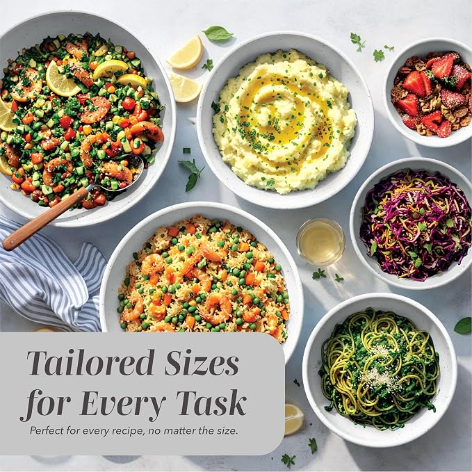COOK WITH COLOR Mixing Bowls with TPR Lids - 12 Piece Plastic Nesting Bowls Set includes 6 Prep Bowls and 6 Lids, Microwave Safe Mixing Bowl Set (Speckled White)