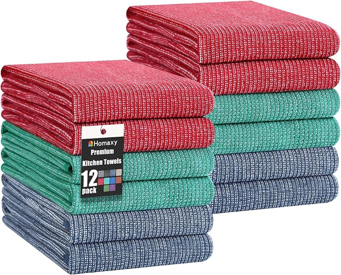 Homaxy 380 GSM Cotton Premium Kitchen Towels 12 Pack, 18"x 28", Mix | Flat and Terry Dish Towels, Highly Absorbent Tea Towel Set with Hanging Loop, Soft Kitchen Hand Towels, Navy/Red/Green