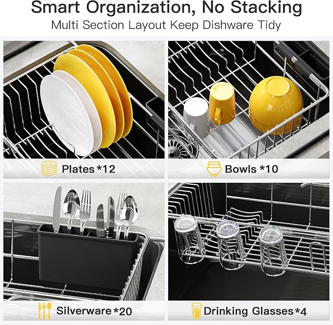 JASIWAY in Sink Dish Drying Rack with Drainboard and Utensil Holder | Use Over the Sink or Counter, Stainless Steel Expandable Dish Drainer for Small Kitchen, Space Saving, Fast Drain, Rustproof