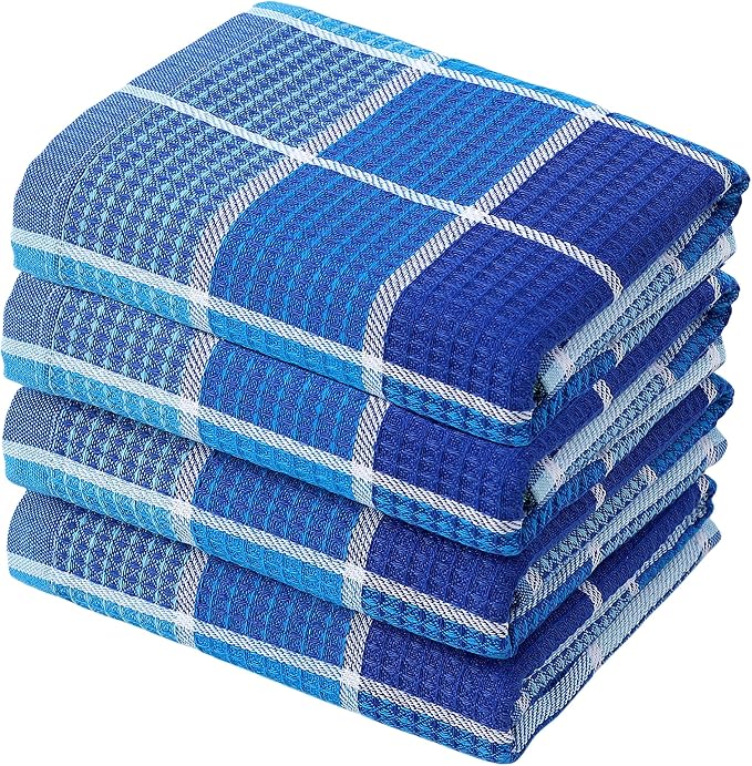 Bright Large Kitchen Towels, 4-Pack, 16 Inch x 26 Inch Buffalo Check Dish Towels for Washing Drying Dishes, Colorful Waffle Design Tea Towel Bar Towel (Blue)