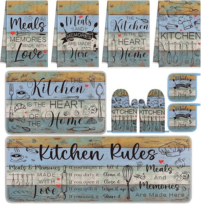 Fourluoo 10 Pcs Farmhouse Kitchen Decor and Accessories Dusty Blue Oven Mitts and Pot Holders Sets Vintage Dish Towels Rustic Kitchen Rugs and Mats for Home Decor Baking Cooking Birthday Summer Gifts