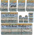 Fourluoo 10 Pcs Farmhouse Kitchen Decor and Accessories Dusty Blue Oven Mitts and Pot Holders Sets Vintage Dish Towels Rustic Kitchen Rugs and Mats for Home Decor Baking Cooking Birthday Summer Gifts