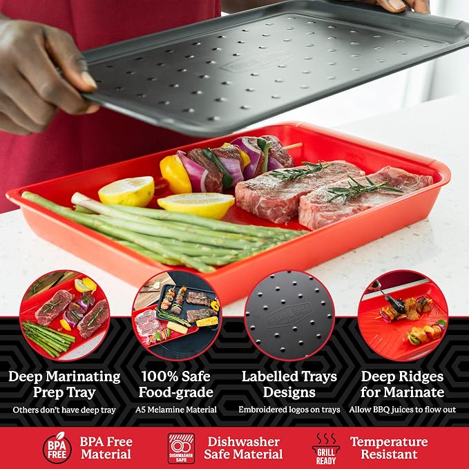 AVIEUS Grill Prep and Serve Trays | Set of 2 Stackable, Melamine Trays | Serving Tray & Marinating Tray | Serving Platter for Plating Food & BBQ Prep Tub for Marinating Meats | Grill Accessories |
