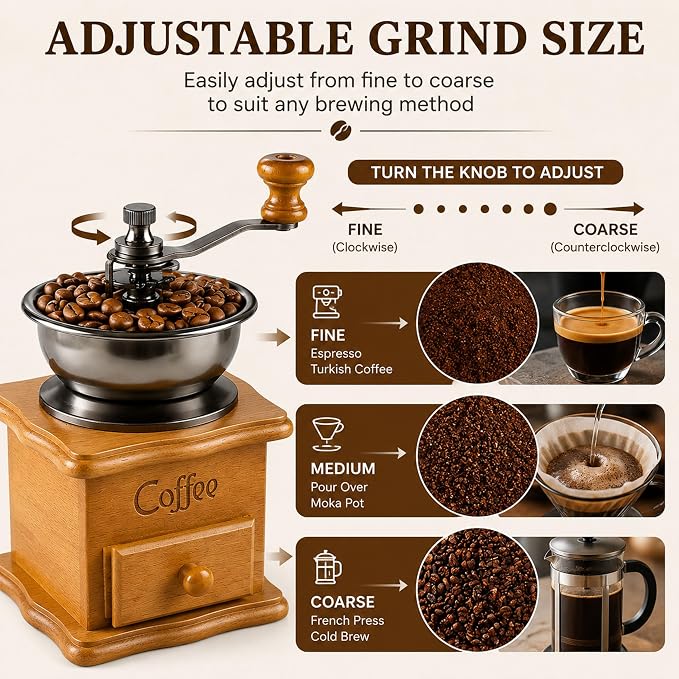 Vintage Wooden Manual Coffee Grinder, Hand Crank Coffee Mill with Ceramic Burr, Adjustable Grind Settings, Retro Coffee Bean Grinder for Home Use, Kitchen Decor, Gift for Coffee Lovers