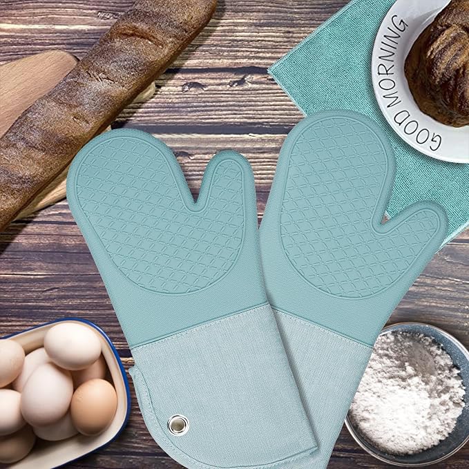 Professional Microwave Silicone Oven Mitts one Pair, Kitchen Mitten Set | Heat Resistant with 500 Degrees Oven Gloves Pot Holder for BBQ Cooking Baking (Light Blue)