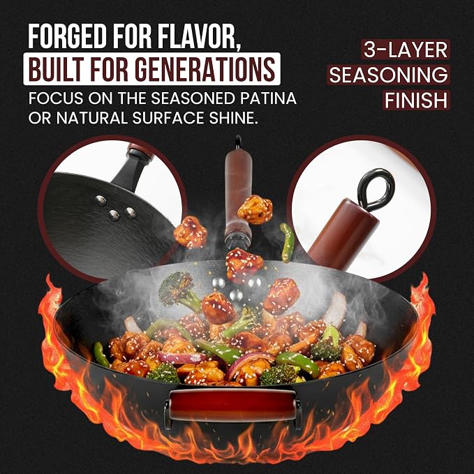 Pre-Seasoned Cast Iron Nonstick Stir-Fry Pan | Dual Handles & 4 Spatulas | Flat Bottom Wok with Wooden Lid & Wood Handle | Traditional Chinese Induction Wok (36Cm)