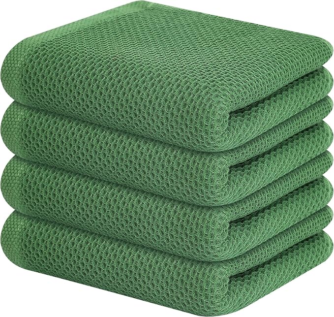 Kitinjoy 100% Cotton Waffle 4-Pack Kitchen Towels, 13" x 28", Grass Green | Super Soft, Ultra-Absorbent, Fast Drying, lightweight, Quick Drying Kitchen Hand Towels