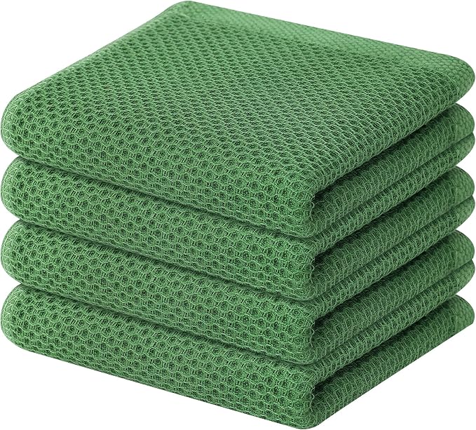 Homaxy 100% Cotton Waffle Weave Kitchen Dish Towels 4-Pack, Grass Green | 13 x 28 Inches, Ultra Soft Absorbent Dish Towels, Quick Drying Cleaning Towels