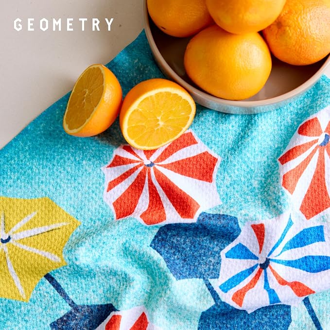 GEOMETRY Tea Towels – Spring & Summer Collection – Quick-Dry, Ultra-Absorbent, Reusable Microfiber Kitchen Towels for Drying & Cleaning - Dancing Umbrellas - 1 Pack