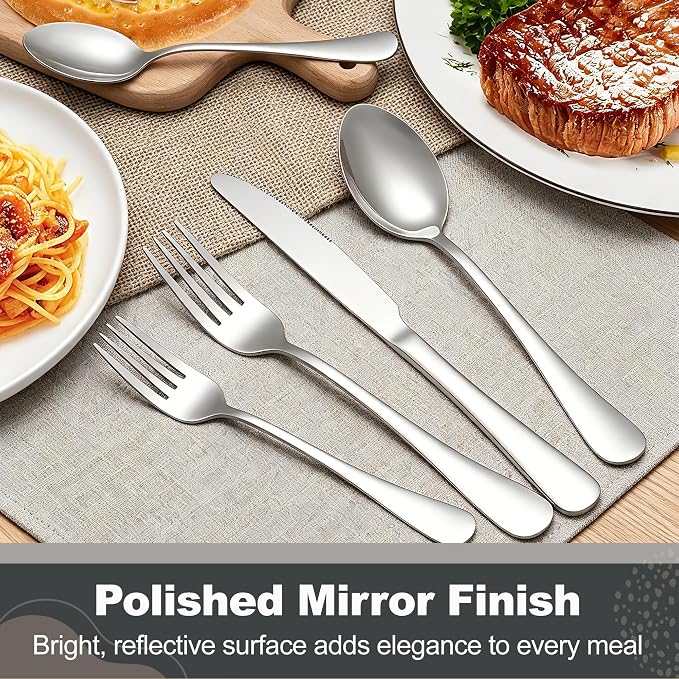 Runfly 40-Piece Silver Flatware Set, Stainless Steel Cutlery Set for 8 | Mirror Polished Durable Utensil Set Includes Knife Fork Spoon for Home Kitchen Restaurant Tableware